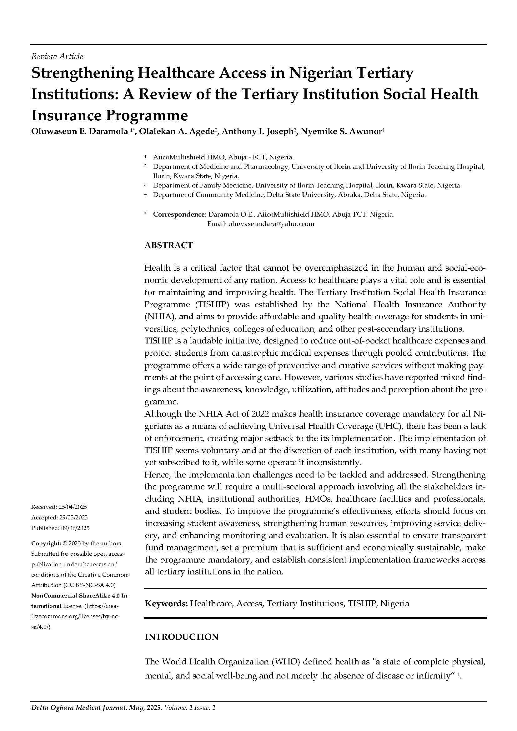 Strengthening Healthcare Access in Nigerian Tertiary  Institutions: A Review of the Tertiary Institution Social Health Insurance Programme